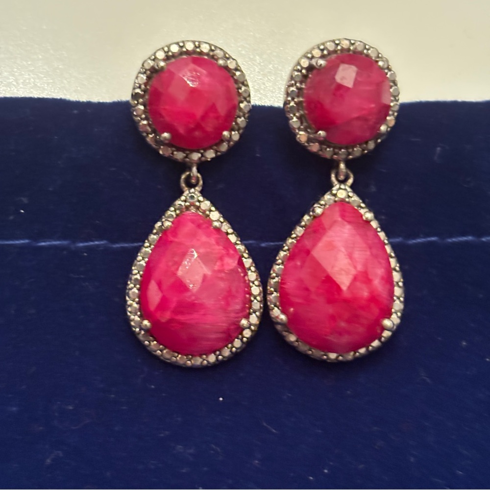 Ruby and Marcasite Teardrop Dangle Silver Earrings